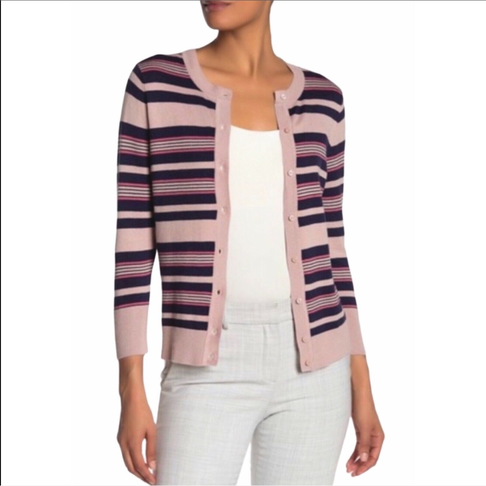 NWT Halogen Petite L Pink Navy Striped Cardigan Sweater